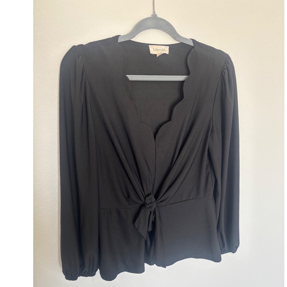 Meraki Black Scalloped V-Neck Tie Front Peplum Blouse Long Sleeve Small